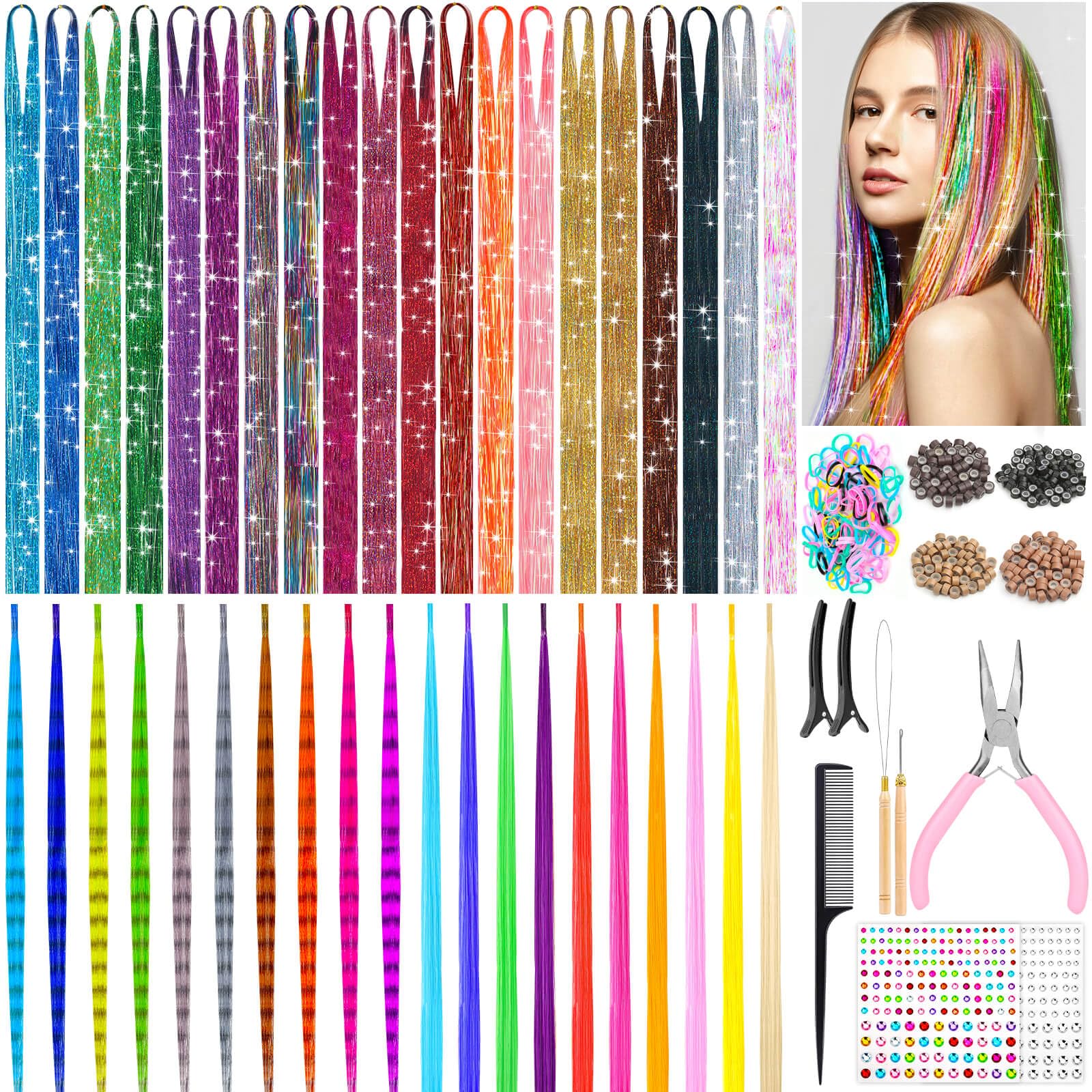 Photo 1 of ROADPLUM Hair Tinsel Kit - 20 Colors, 4000 Strands & 10 Colors Hair Feathers & Silk Extensions, Heat Resistant Glitter Tinsel