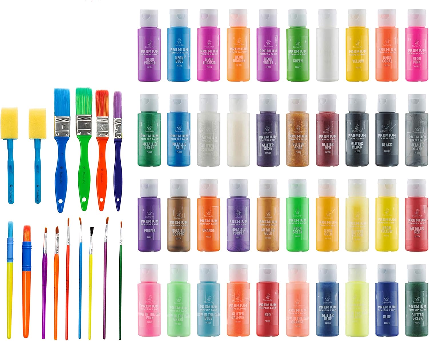 Kids Tempera Paint Set | Value Pack Includes 40 Washable Non-Toxic Colorful Paints (2oz bottles) & 15 Brushes | Metallic, Neon, Glow In The Dark, Glitter Paints | Paint For Arts & Crafts, Fun Projects: Toys & Games
