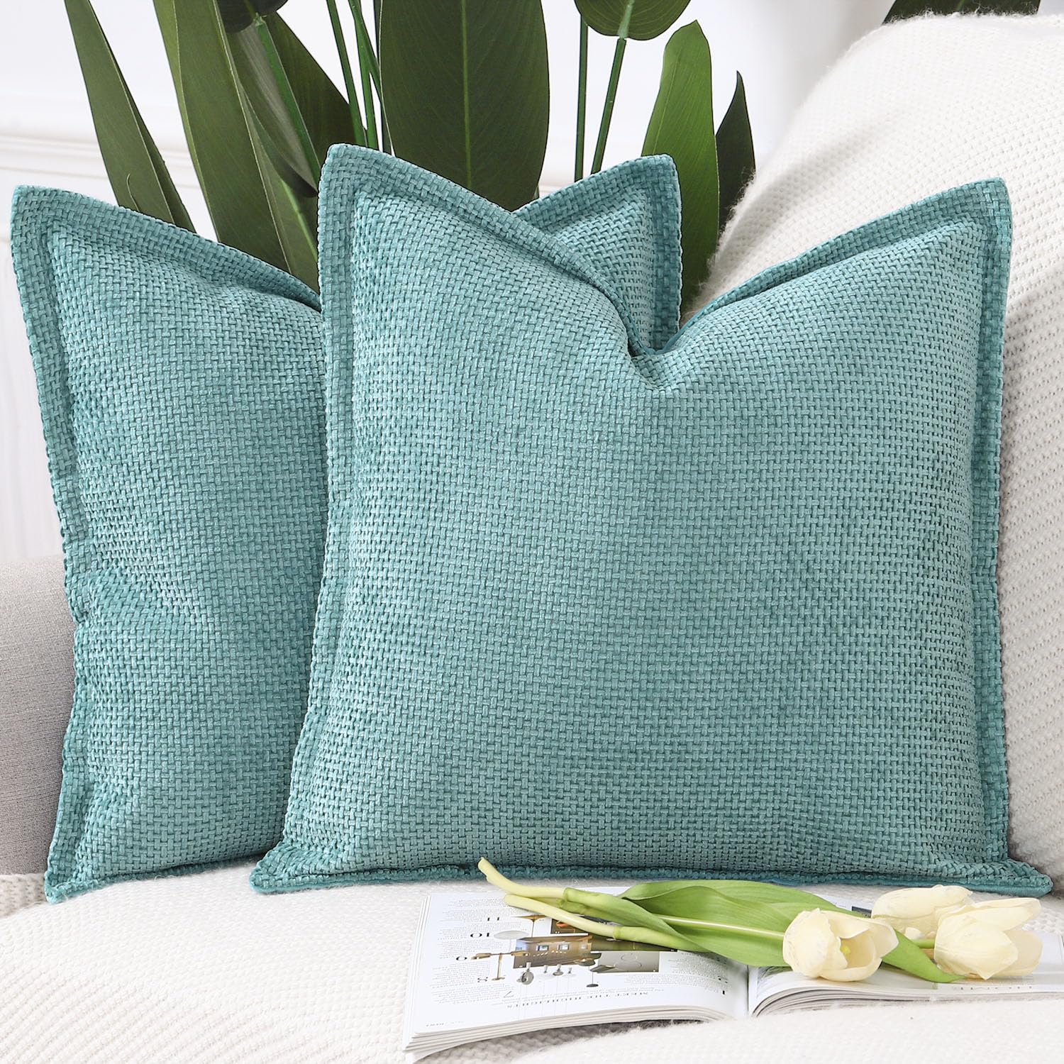 Madizz Set of 2 Chenille Velvet Cushion Covers with Flange Soft Boho Textured Throw Pillow Covers Broadside Pillowcases Modern Farmhouse Home Decor for Sofa Bedroom Turquoise 24x24 inch, 60x60 cm