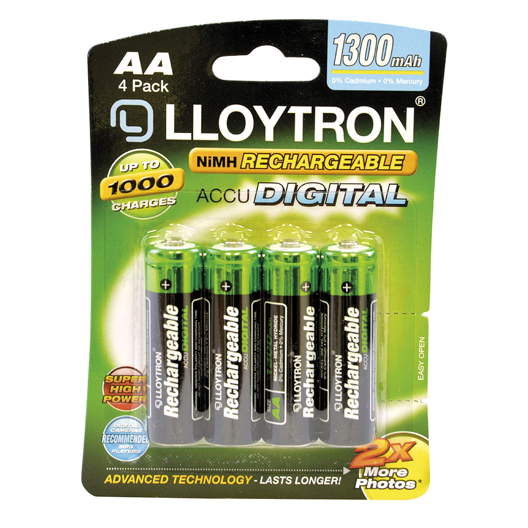 LLOYTRON NiMH Rechargeable AccuDigital Batteries / AA Size / 1300mAh / 4 Pack - B012