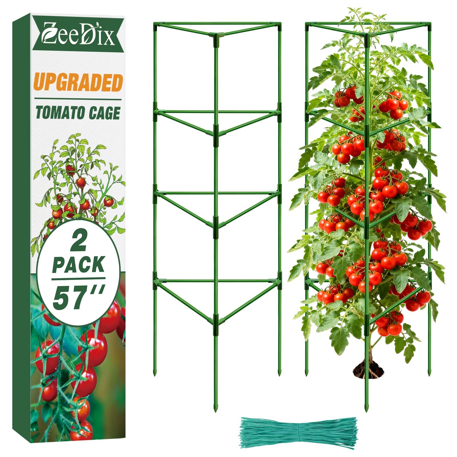 Photo 1 of [Upgraded] ZeeDix 57 Inch Tall Tomato Cages for Garden, 2 Pack Large Plant Trellis Support Stakes for Climbing Plants, Heavy Duty Adjustable Tomatoes Cage for Pots, Raised Garden Bed Outdoor Supplies