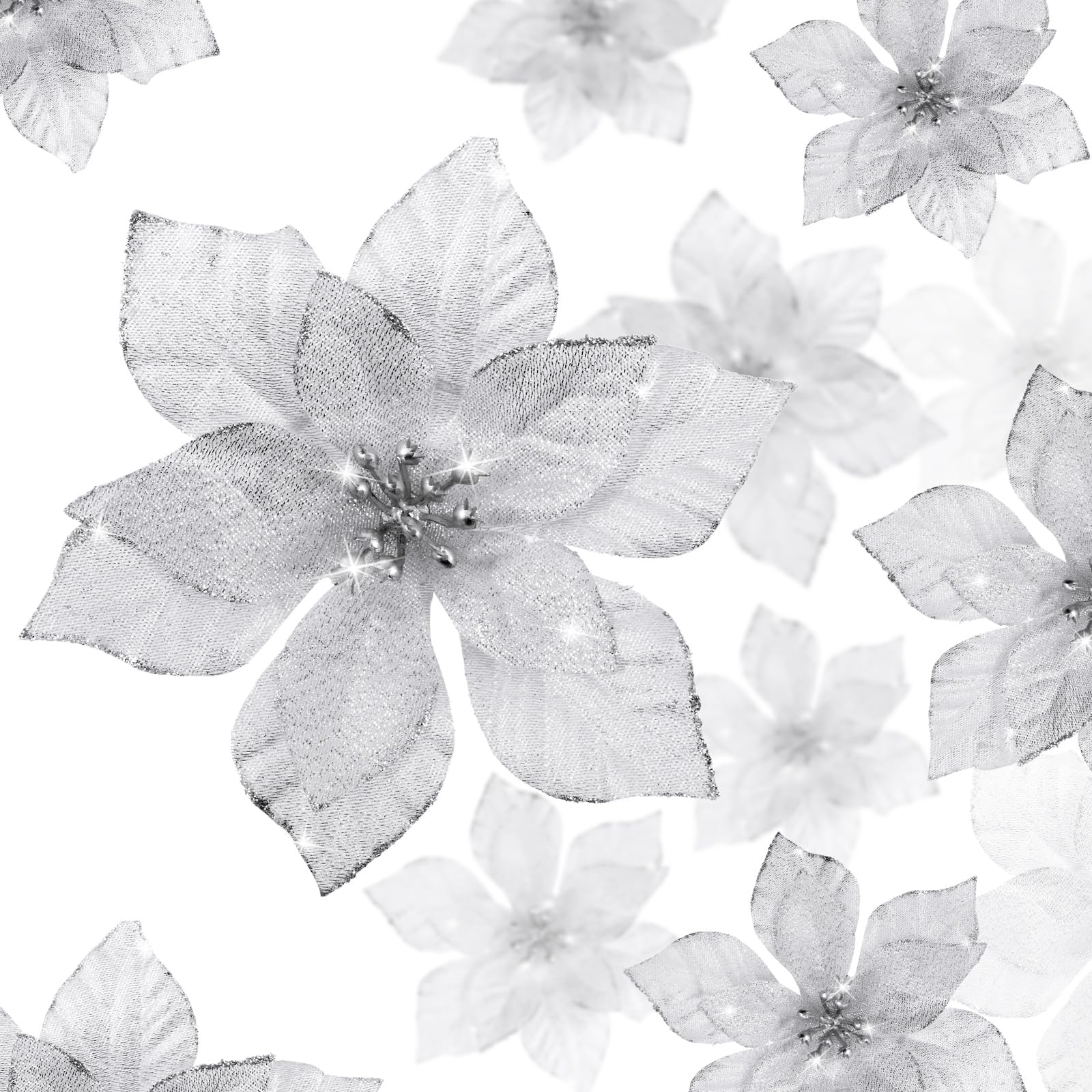 WILLBOND Pack of 36 Christmas Glitter Poinsettia Flowers Artificial Flowers Wedding Glitter Christmas Tree New Year Ornaments (Silver, 3 Inches, 4 Inches, 6 Inches)