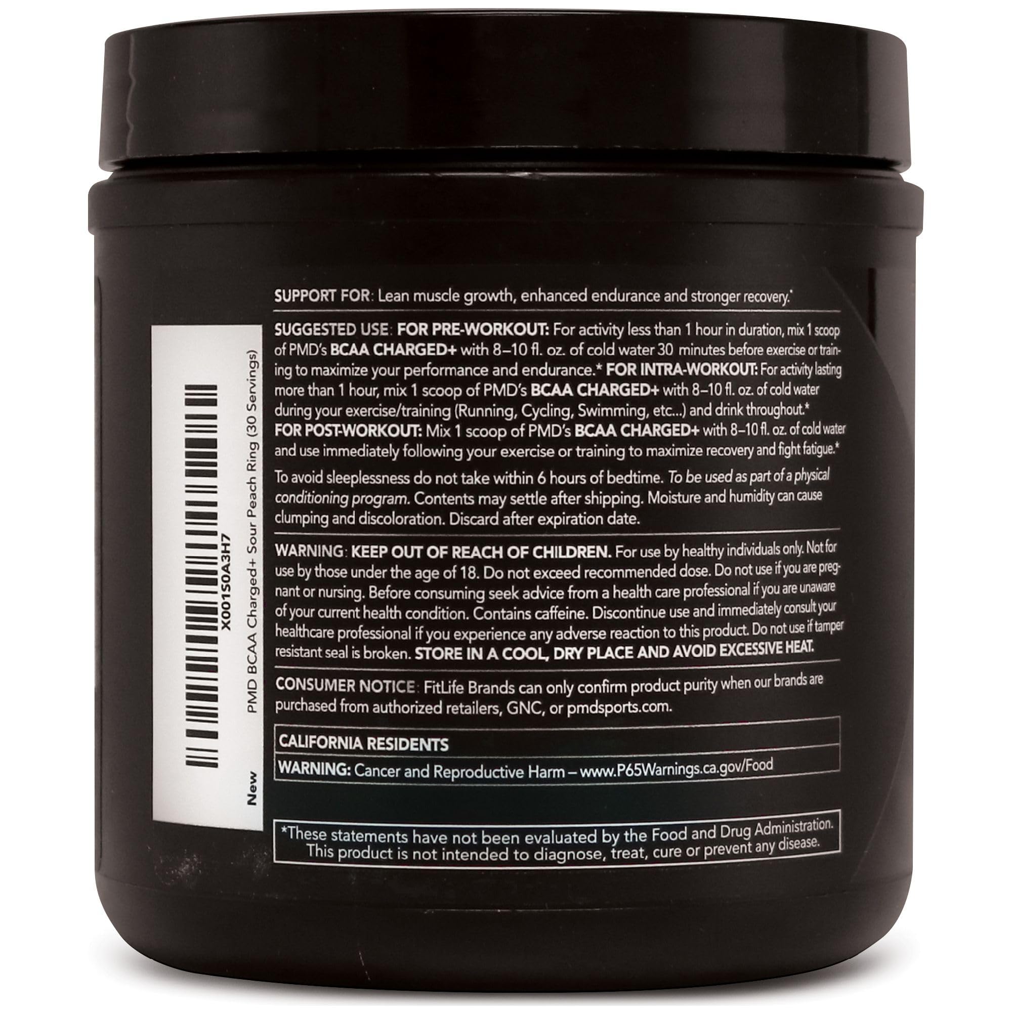 PMD Sports BCAA Charged Delicious Amino Acid Drink Mix for Performance and Recovery - Increase Muscle Function for Workout and Daily Energy - Sour Peach Ring (30 Servings)