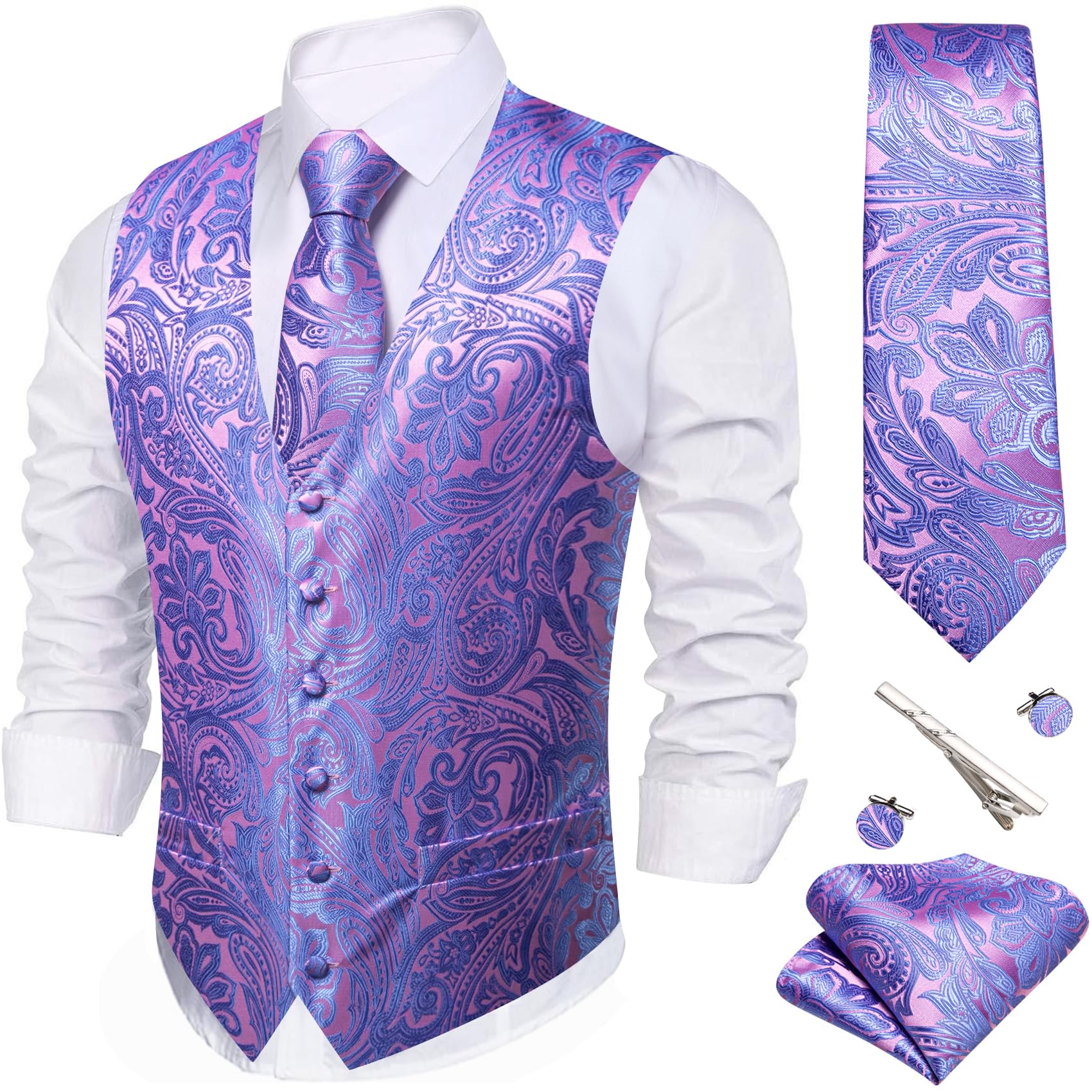 Barry.Wang Pink Blue Formal Men Vest Paisley Jacquard Silk Tie Suit Waistcoat Set Wedding 5PCS Image