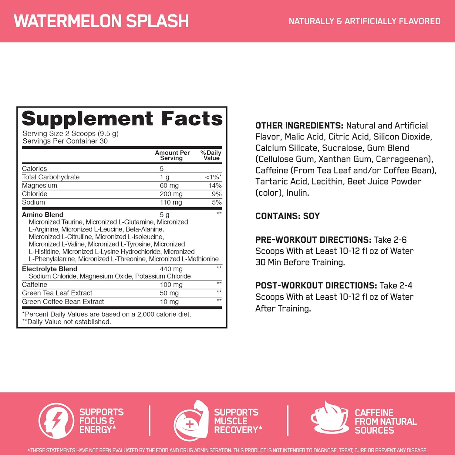Optimum Nutrition Amino Energy + Electrolytes - Pre Workout, BCAAs, Amino Acids, Keto Friendly, Energy Powder -Watermelon Splash, 30 Servings: Health & Personal Care