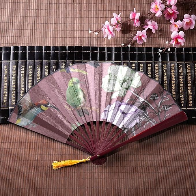 JGYJF Abanicos japoneses de Mano para Mujeres Hermosas Flores y pájaros