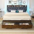 Queen Size Metal Platform Bed Frame with 2 Storage Drawers & LED Light, Upholstered Headboard with Charging Station, No Box Spring Needed, Brown Wood Panel