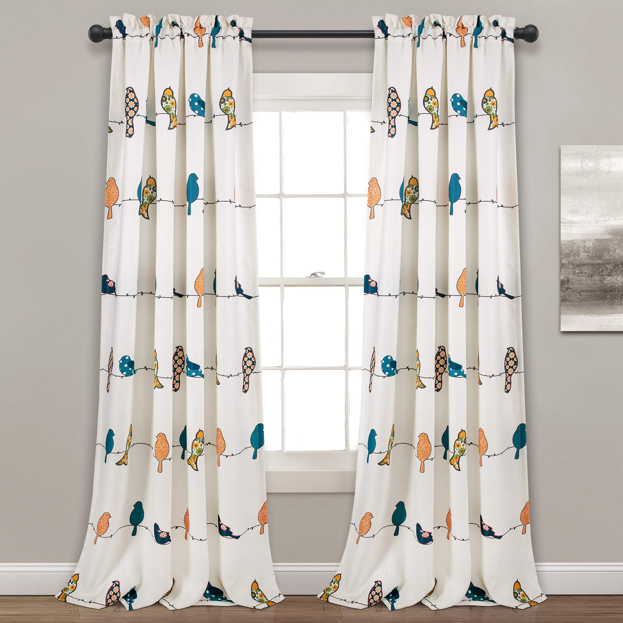 Lush Decor Rowley Birds Curtains Room Darkening Window Panel Set for Living, Dining, Bedroom (Pair), 52" W x 95" L, Multi