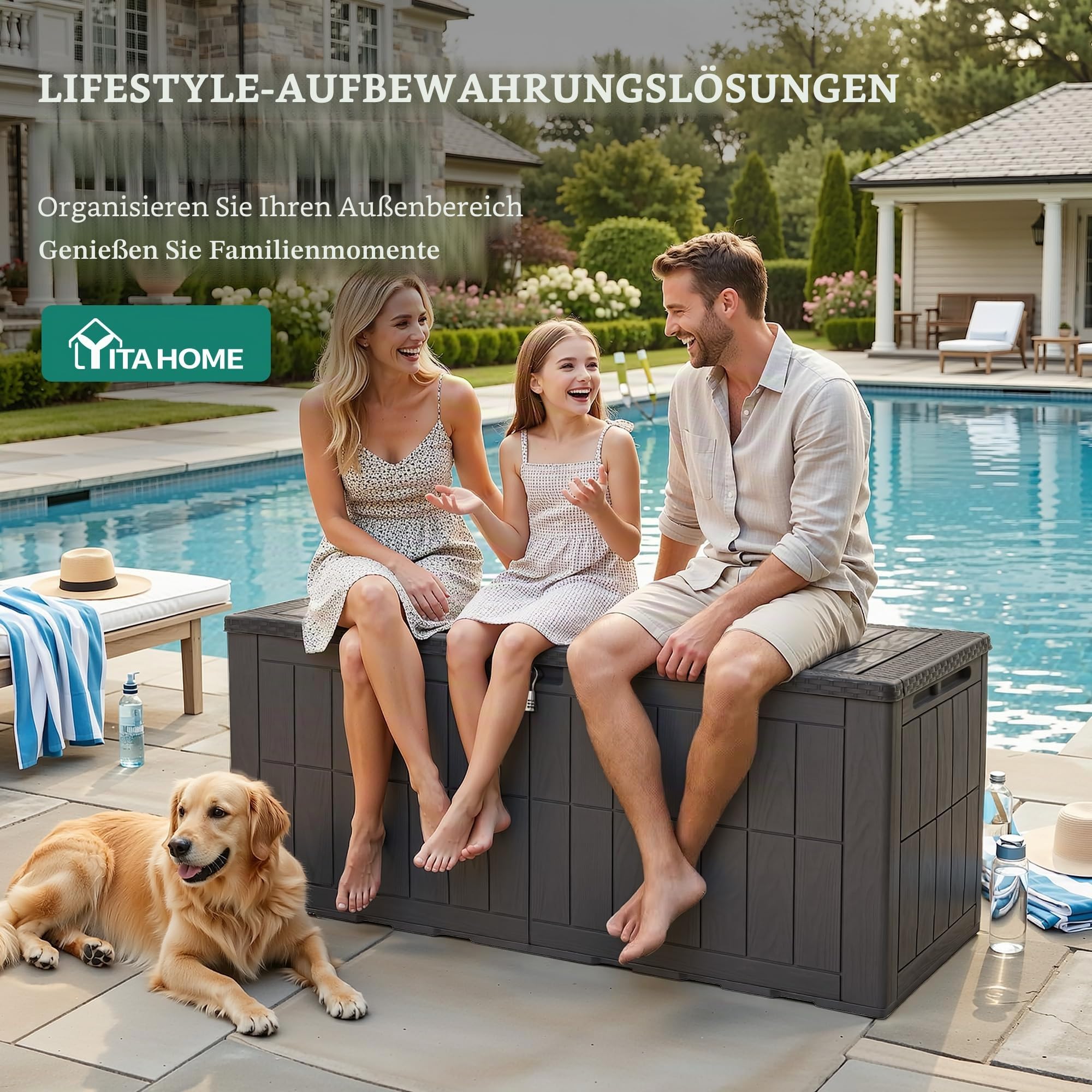 YITAHOME Außenspeicherbox 450L wasserdichte Deckbox für Gartengeräte Terrassenkissen Swimmingpool-Zubehör verschließbar einfach zusammenzubauen vielseitiger Sitzbank oder Tisch,dunkelbraun 3