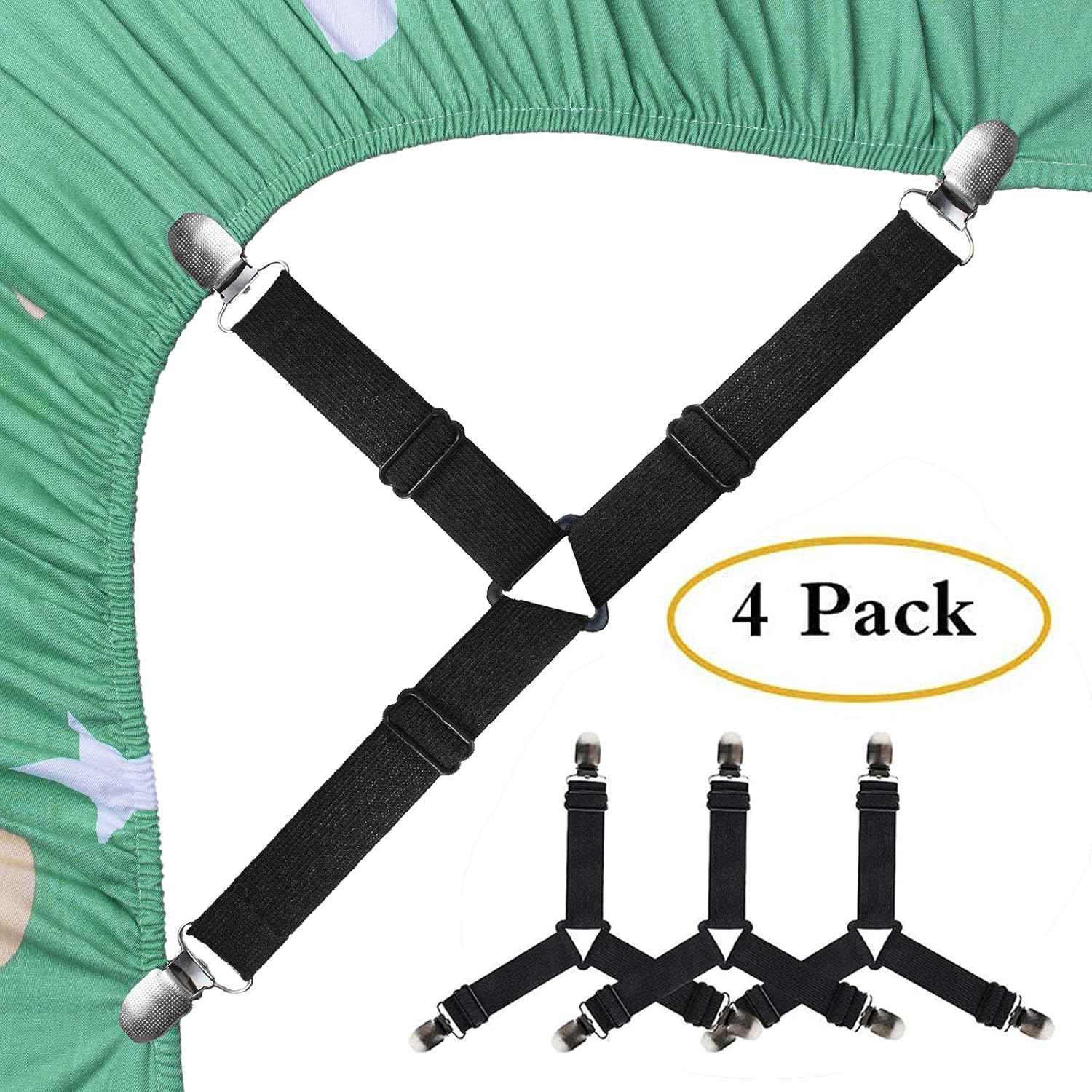 SEEOOR Bed Sheet Holder Straps, Triangle Elastic Mattress Corner Clips, 3 Way Fitted Bed Sheet Fastener Suspenders Grippers Heavy Duty for Bedding Sheets, Mattress Covers, Sofa Cushion (4 Pcs): Home & Kitchen