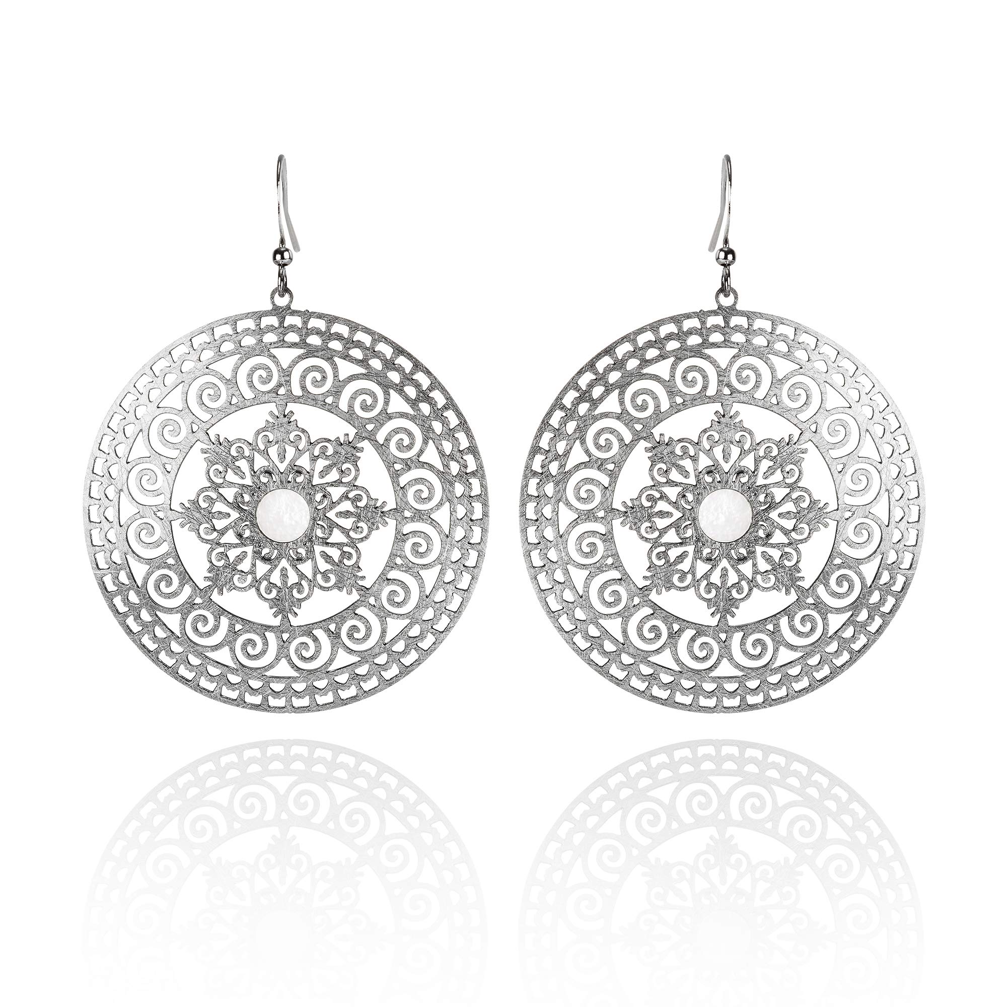 Namana Large Mandala Silver Dangle Earrings with Mother of Pearl, Brushed Finish Sacred Geometry Round Drop Earrings for Women and Teenage Girls