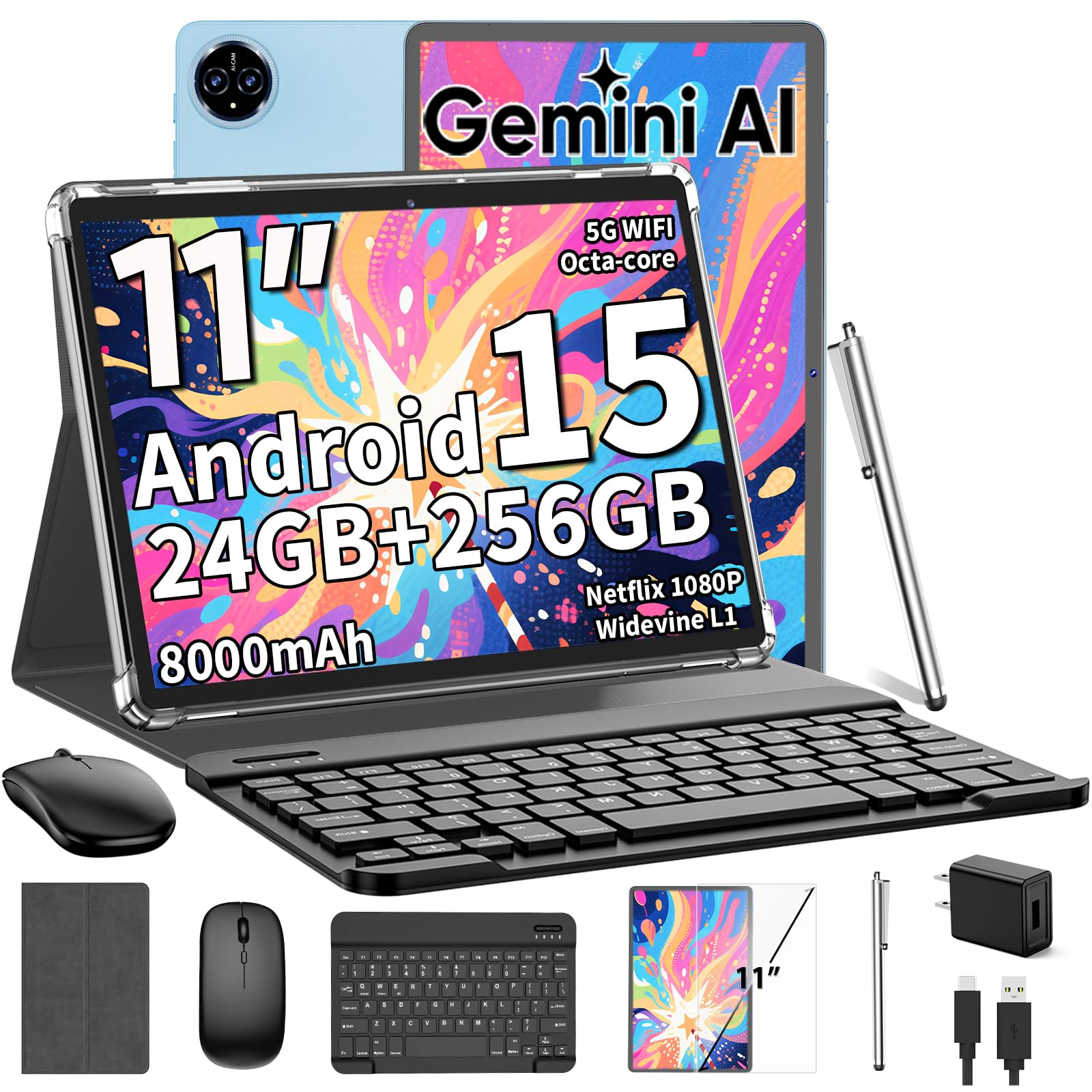 Photo 1 of 2026 Android 15 Tablet, 11 inch Tablet with Keyboard, 24GB+256GB+2TB Expand, Octa-Core, 8000mAh, Gemini AI Tablets PC with 5G/2.4G WiFi, BT5.0, GPS, 2 in 1 Tablets with Case, Mouse, Stylus(Silver)