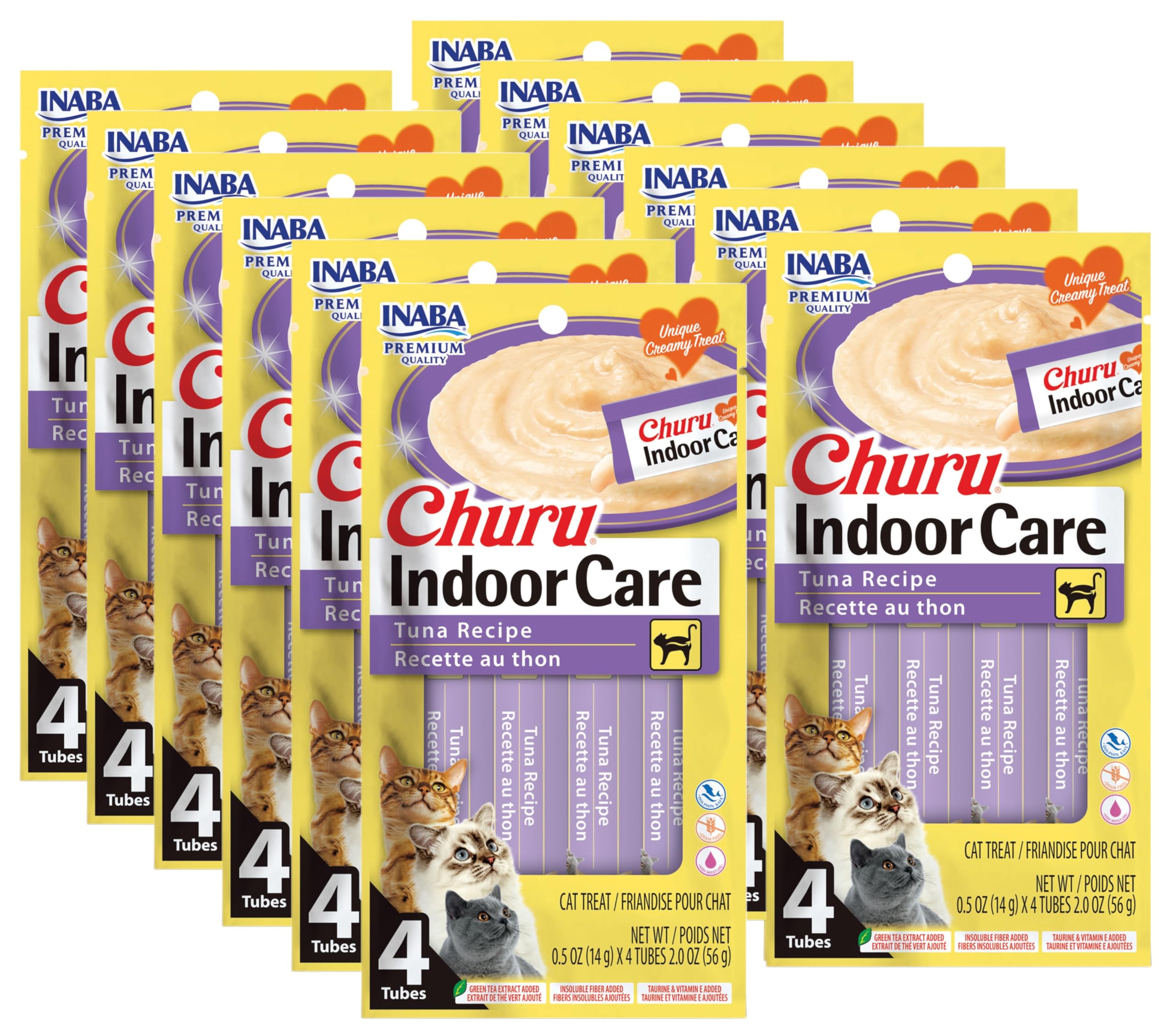 INABA Churu for Cats, Functional, Creamy Lickable Purée Cat Treat for Indoor Care and Hairball Control with Taurine & Vitamin E, 0.5 Ounces Each, 48 Tubes (4 per Pack), Tuna Recipe Image