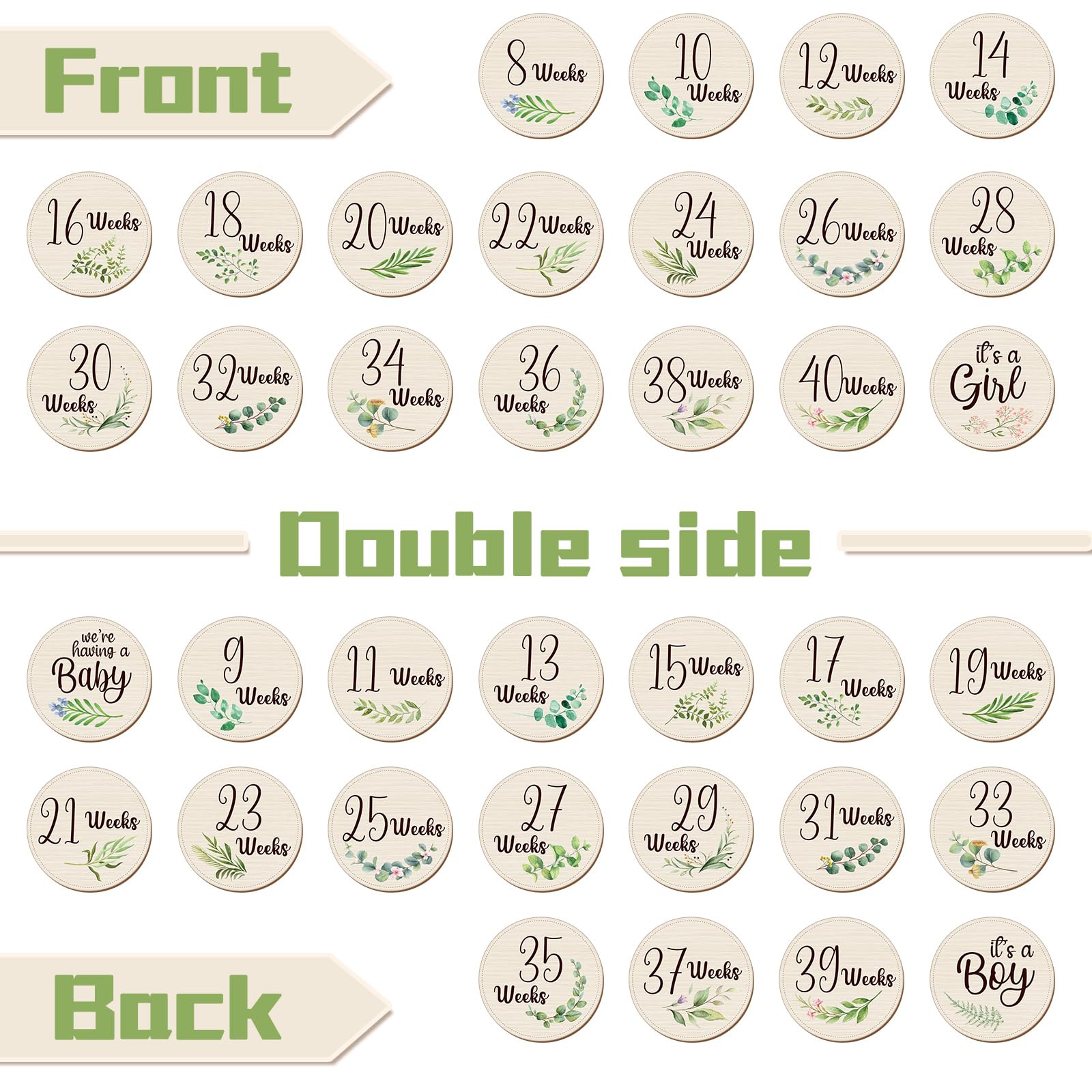 18 Pcs Wooden Pregnancy Week Signs for 8-40 Weeks Pregnancy Milestone Tracker Discs Neutral Baby Announcement Cards Double Sided with Bag for Pregnant Moms