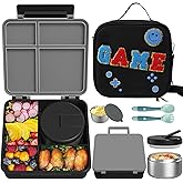 Aimsnk Kids Bento Lunch Box with 8oz Soup Thermo, Kids Leakproof Lunch Food Containers with 4 Compartment,Insulated Hot Food Jar with Lunch Bag for School, Travel (Black)
