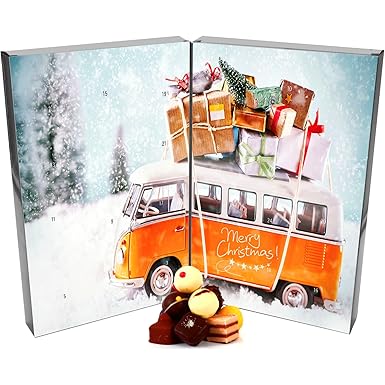 Hallingers 24 Pralinen-Adventskalender, mit/ohne Alkohol (300g) - Retrobus (Buch-Karton) - zu Weihnachten Adventskalender