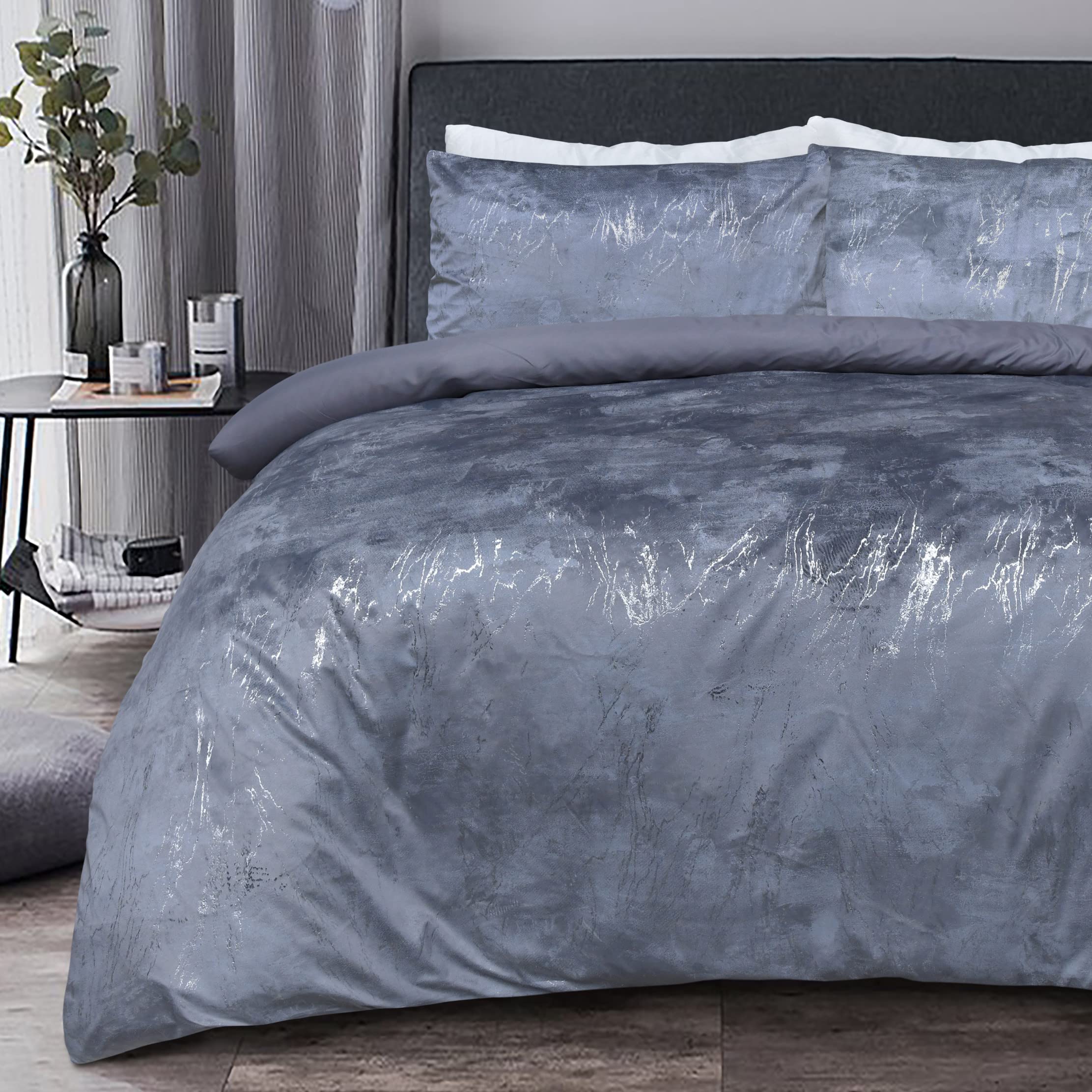 Sleepdown Marble Velvet Metallic Grey Plain Reverse Duvet Cover Quilt Pillow Cases Bedding Set Soft Easy Care - King (230cm x 220cm),5056242893936