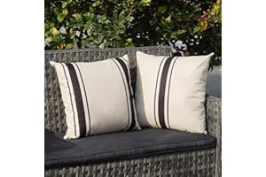 ONWAY Outdoor Pillow Covers Waterproof 20x20 Set of 2 Decorative Linen Throw Pillow Cover Beige and Black Striped Outdoor Pillows for Patio Furniture