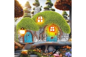 Darkdec Outdoor Figurine Lights Garden House Statue - Outdoor Statues with Solar Lights Garden Cottage Lighting Figurines for Home or Yard Decor