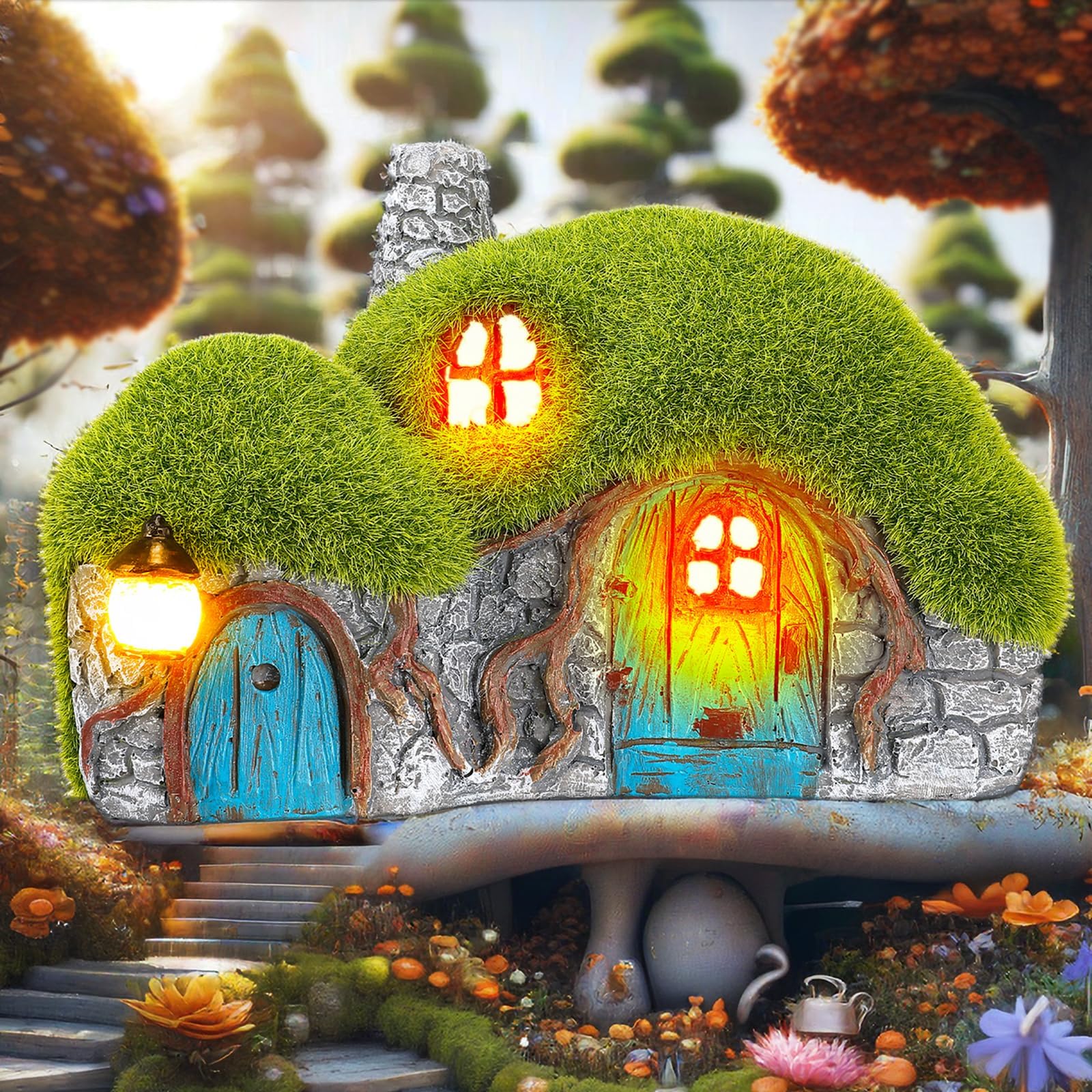 Photo 1 of Outdoor Figurine Lights Garden House Statue - Outdoor Statues with Solar Lights Garden Cottage Lighting Figurines for Home or Yard Decor
