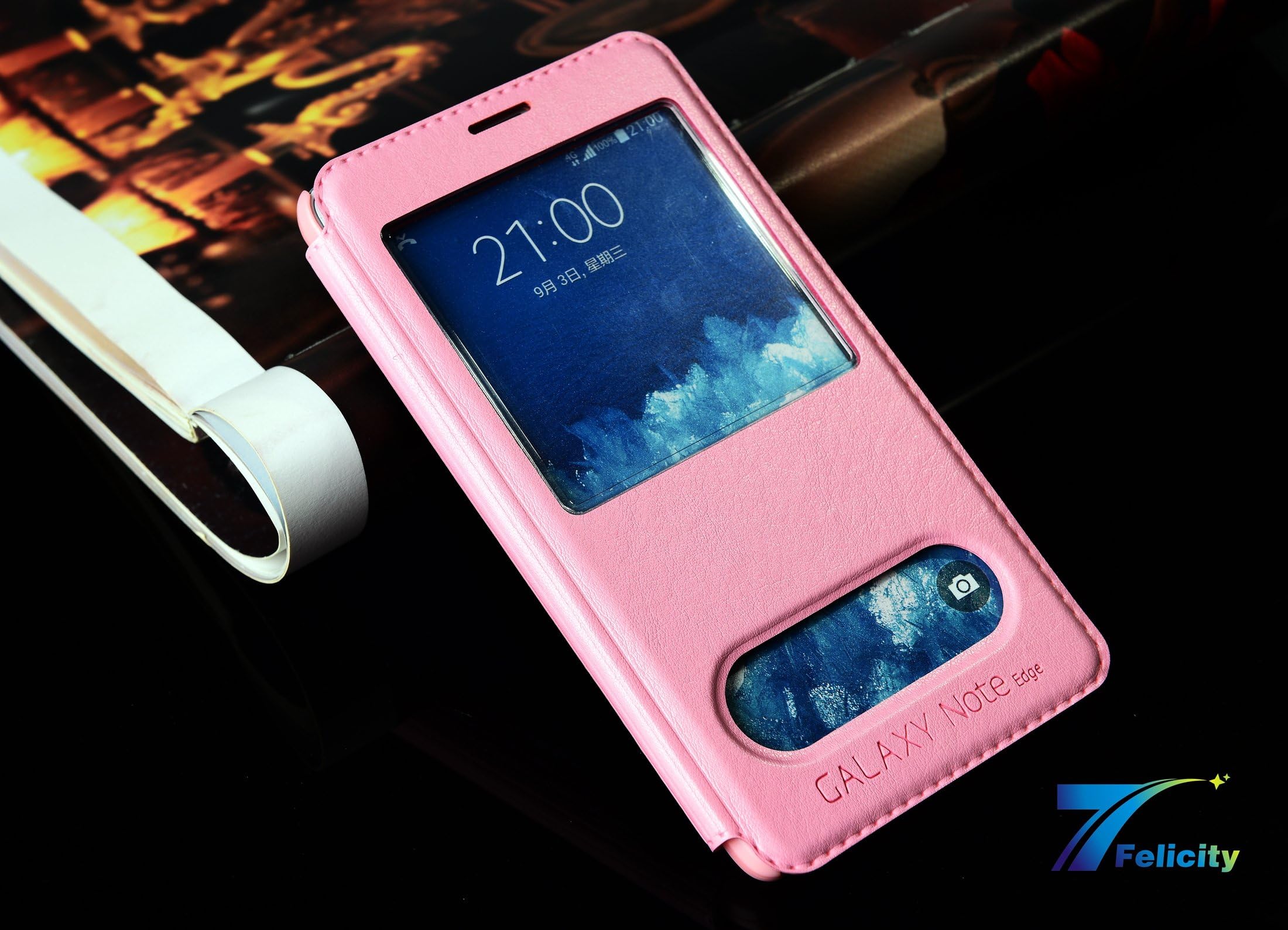 Samsung Galaxy Note Edge Case,7Felicity Stand Function Leather Flip Window View case for Galaxy Note Edge [Book Fold] - Luxury Style,Great Grip - Leather Galaxy Note Edge Cover with Foldable Stand [Flip Cover] - Pure Color Elegant Case in retail packaging(7F007) (Pink)