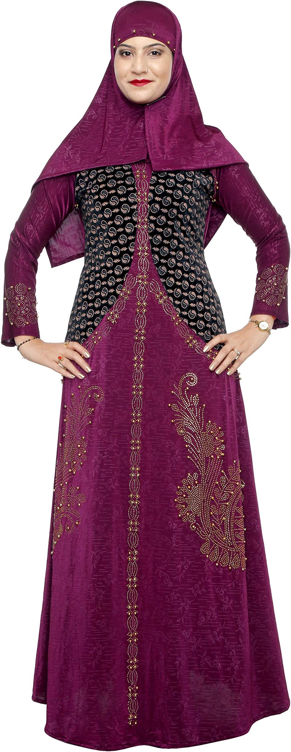 Peace Wave Women's Ready to Wear-Instant Velvet Embosed Lycra Abaya Burkha with Waist Belt/Scarf Hijab