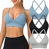 WANAYOU Sports Bras for Women, Deep V Neck Adjustable Spaghetti Strap Criss Cross Back Sports Bra Padded Gym Bralettes 3 Pack
