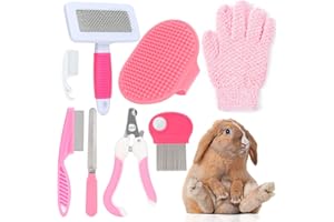VCZONE Pink Small Animal Grooming Kit with Nail Clipper, Flea Comb, Shampoo Brush, Slicker Brush, Massage Glove for Rabbits