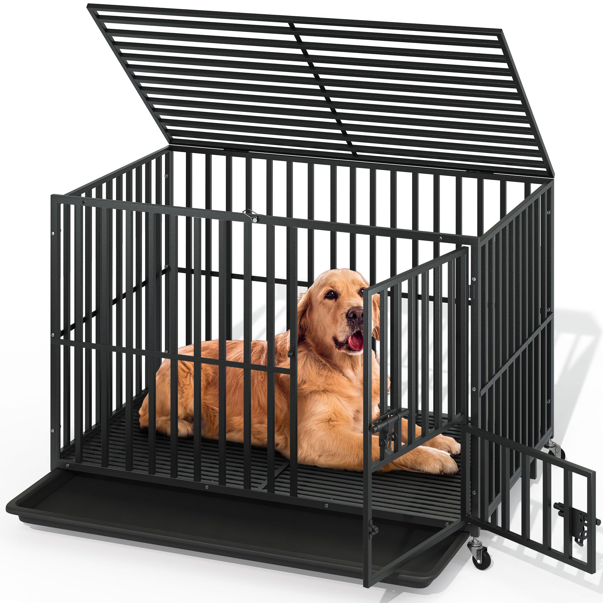 Photo 1 of YITAHOME 48 Inch Heavy Duty Dog Crates for Large Medium Dogs, Metal Dog Kennel Indoor with Wheels, High Anxiety Dog Crate, XL Large Dog Cage with Escape Proof, Three Doors and Removable Tray