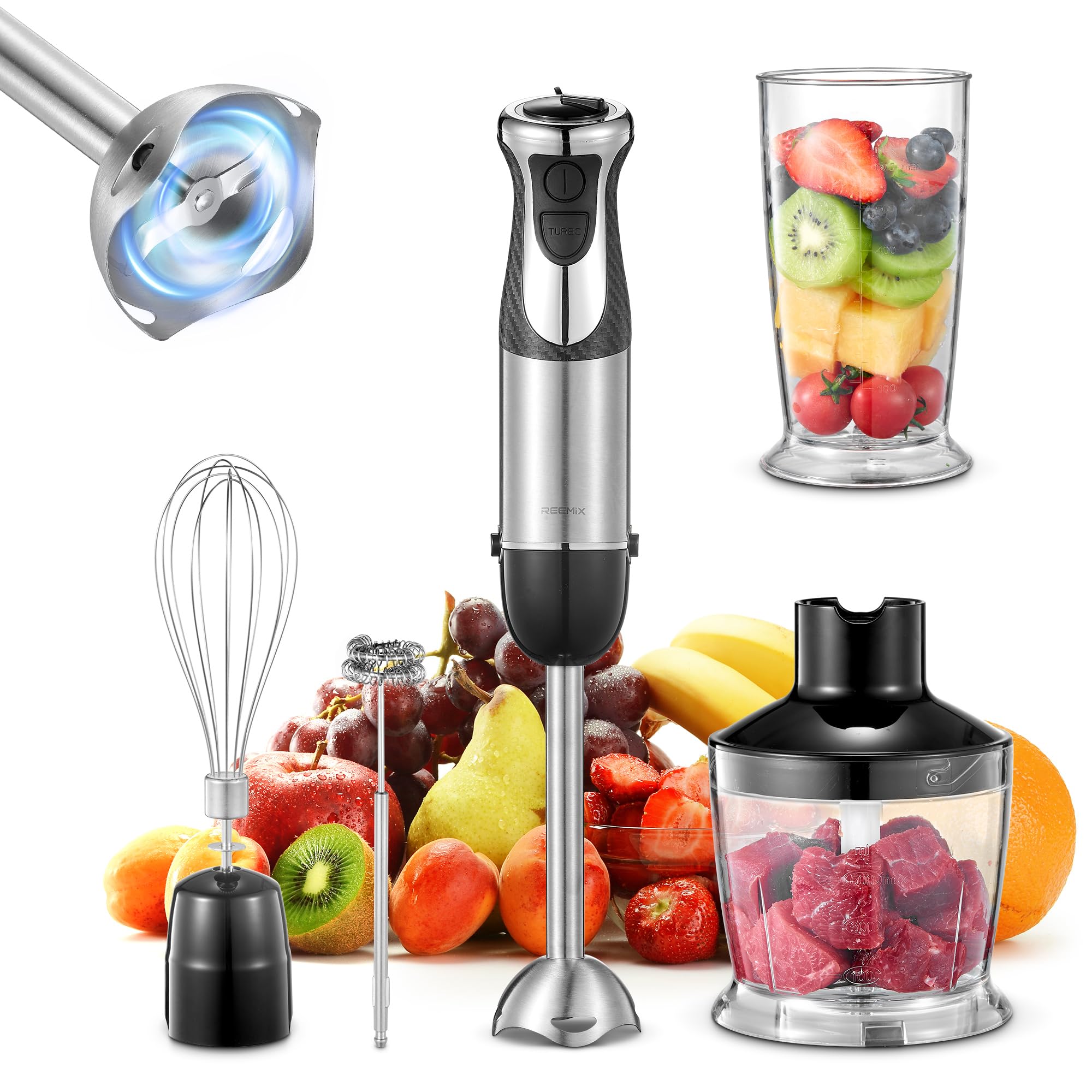 Photo 1 of 5-in-1 Hand Immersion Blender, 1000W Handheld, Copper Motor Stainless Steel Blade Stick, Mixing Beaker, Food Processor, Whisk, Milk Frother for Smoothies Puree Baby Food (Black)