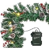 10FT Christmas Garland with 50 LED Lights - Pre-lit Outdoor Xmas Garland - Battery Powered Waterproof String Light with Timer - Pine Garland with Red Berries Snow Pine Cones - 10 Foot by 10 Inch