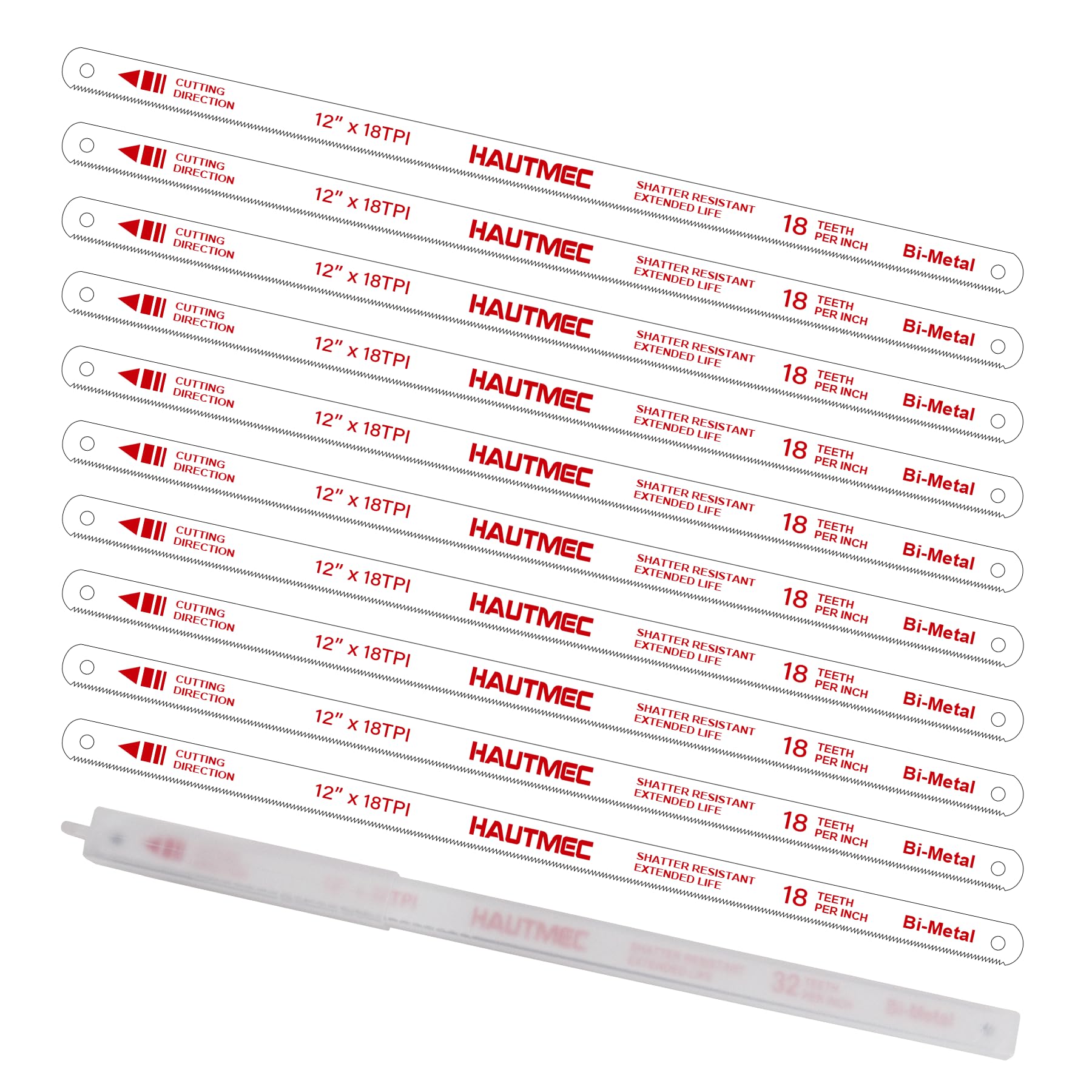 HAUTMEC 300mm Hacksaw Blades 18 TPI – 10 Pack 12" Bi-Metal Replacement Blades with High-Speed Steel Teeth and Spring Steel Body, Professional Grade, Fits Most Hacksaw Frames, HT0016