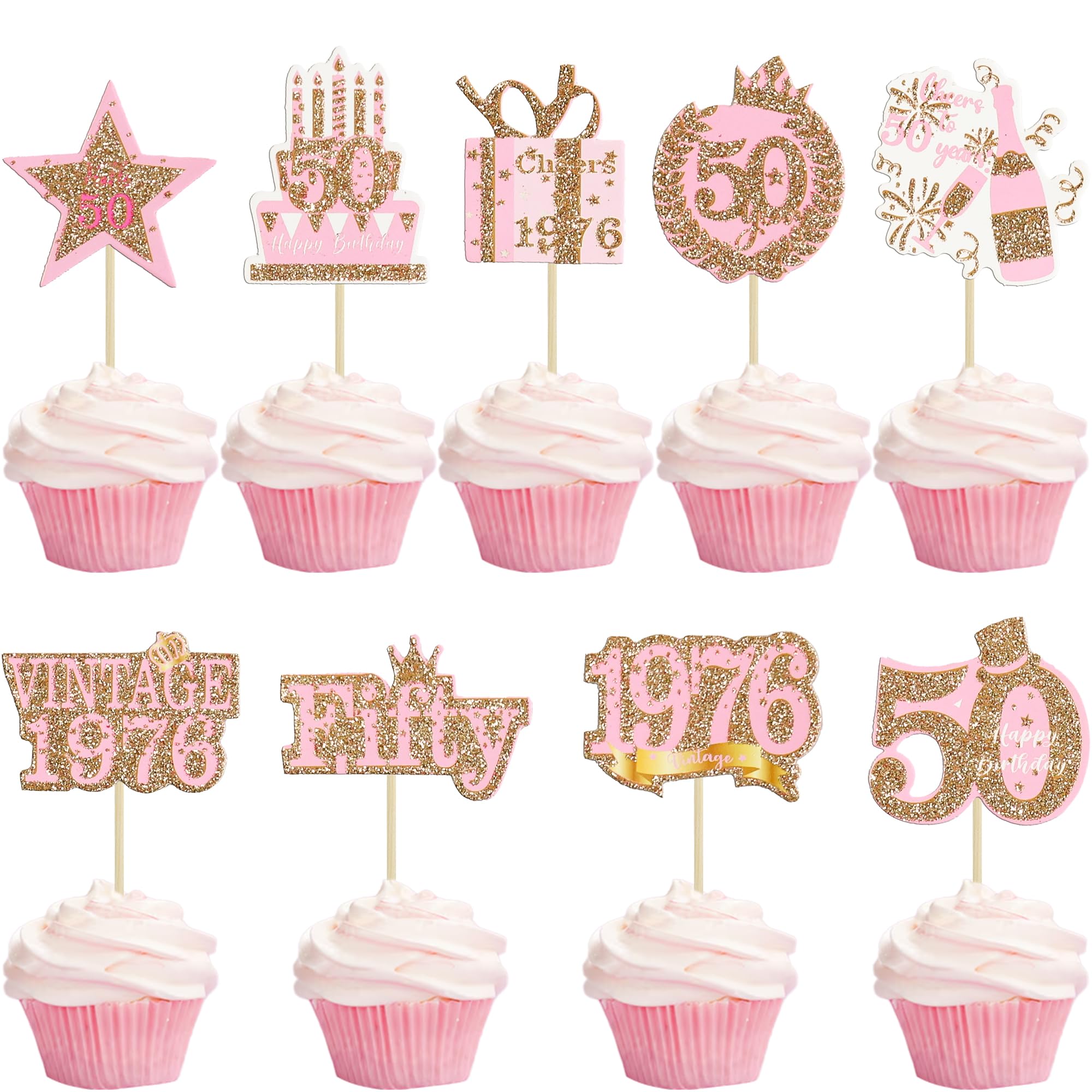 Gyufise 36Pcs Happy 50th Birthday Cupcake Toppers Glitter Rose Gold Fifty Hello 50 Vintage 1976 Cupcake Picks Cheers to 50 Years 50 Fabulous Cake Decorations for 50th Birthday Party Supplies