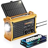 Emergency Weather Radio with Large Solar Panel, Efficient Hand Crank | 12000mAh Battery, AM/FM/NOAA Bands, LED Flashlight, Reading Lamp, SOS Alarm &amp; Phone Charger for Camping, Blackout, Survival