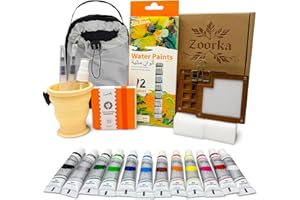 Zoorka Mini Watercolor Paint Set, Pocket Watercolor Set with 15-Well Walnut Wood Palette, Paints, Crossbody Bag, 100% Cotton Sketchbook, Paint Water Cup, Water Brush Ideal for Artists & Beginners