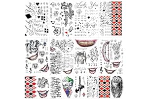 ZOMME 23 Sheets Halloween Joker Tattoos for Men Women Adults, Halloween Face Fake Temporary Tattoos, Halloween Snake Skull Bat Spider Scar Fake Tattoos Set for Halloween Cosplay Makeup Party Accessories