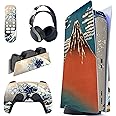 PlayVital The Great Wave Full Set Skin Decal for ps5 Console Disc Edition, Sticker Vinyl Decal Cover for ps5 Controller & Charging Station & Headset & Media Remote