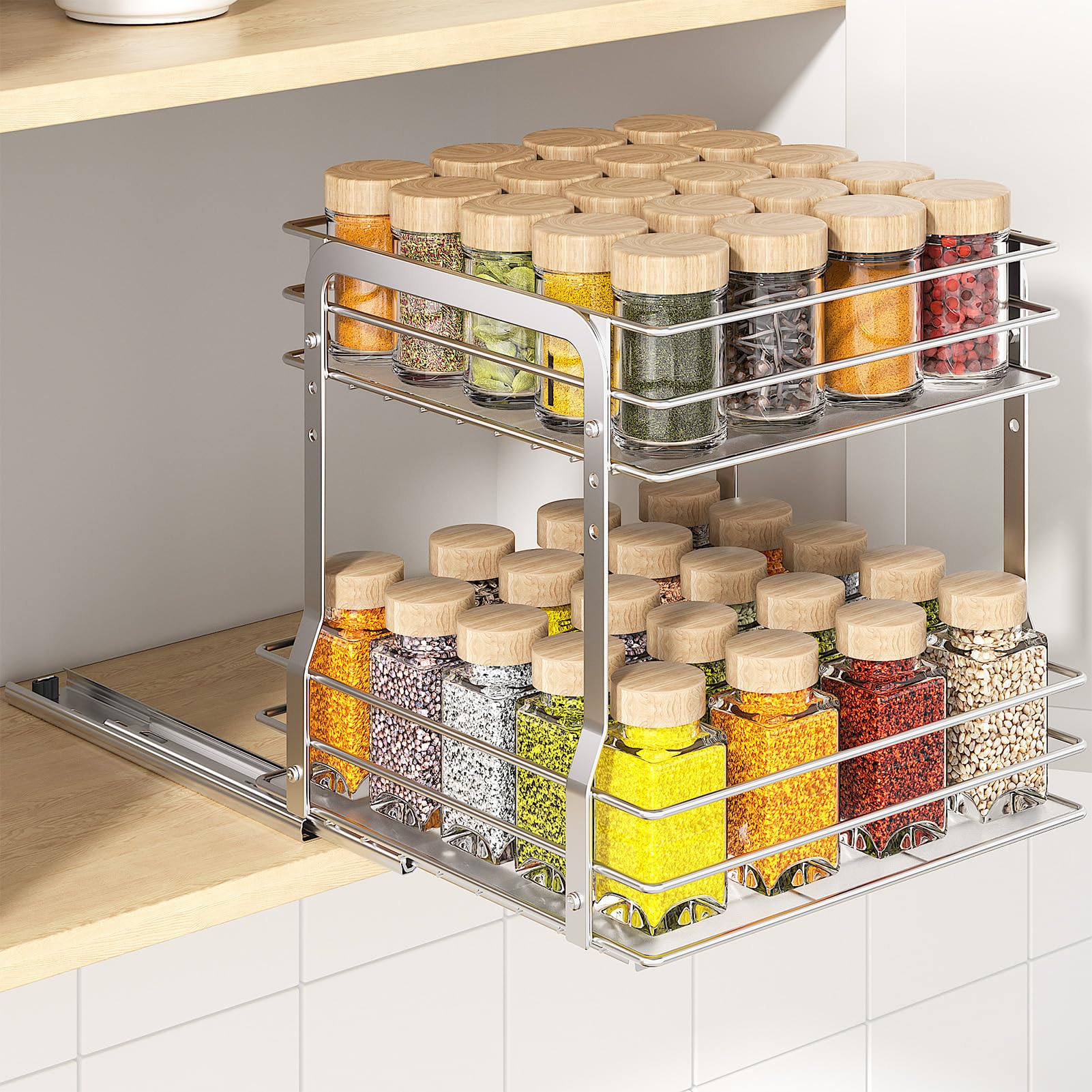 Photo 1 of PanPanPal Pull Out Spice Rack Organizer for Inside Cabinet, 2 Tier Spice Organization for Cabinet, Vertical Slide Out Seasoning Organizer, 9.65"W x 10.7"D x 10.24"H, Silver (Not for Cabinet with Lip)