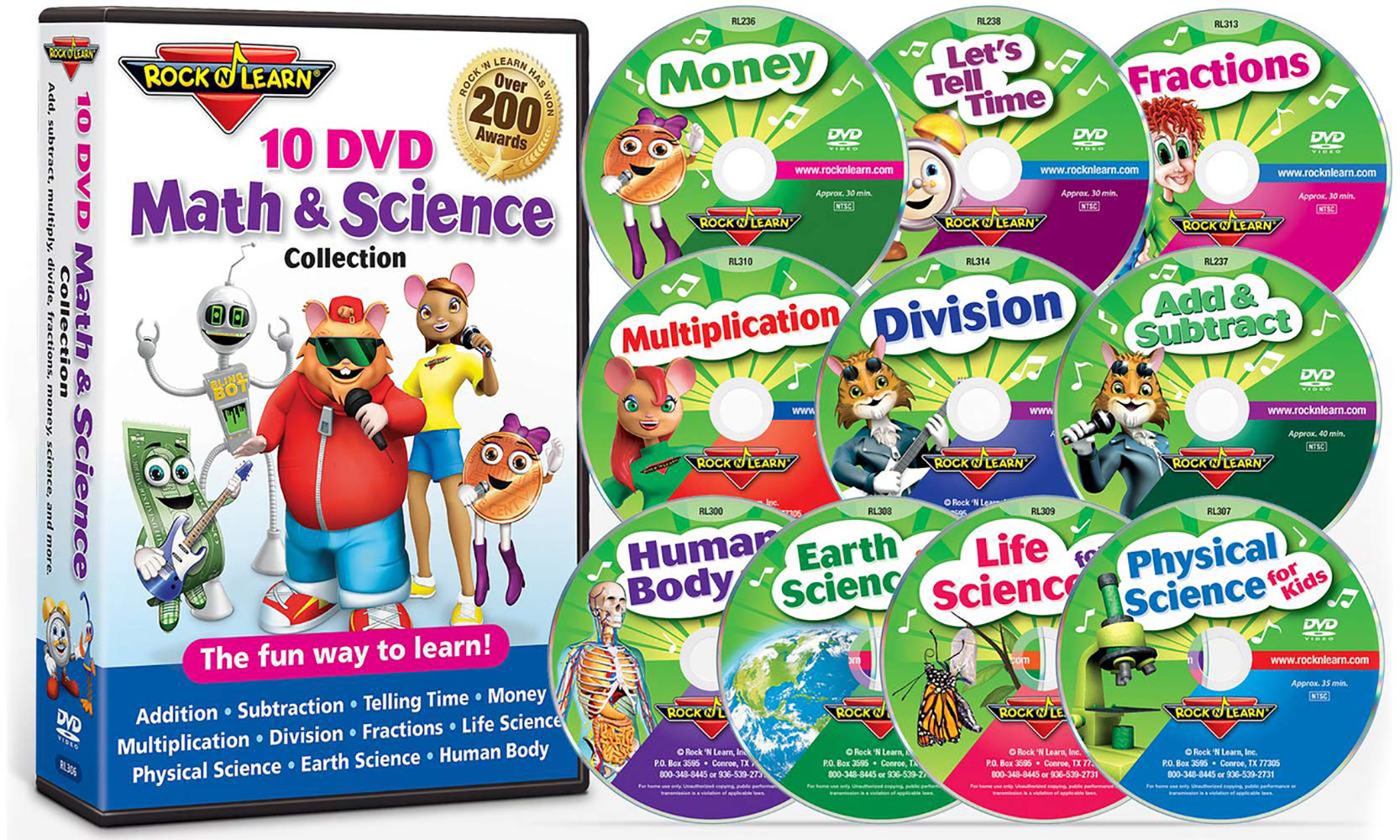 Photo 1 of 10 DVD Math & Science Collection by Rock 'N Learn (Addition & Subtraction, Tell Time, Money, Multiplication, Division, Fractions, Physical Science, Earth Science, Life Science and Human Body)