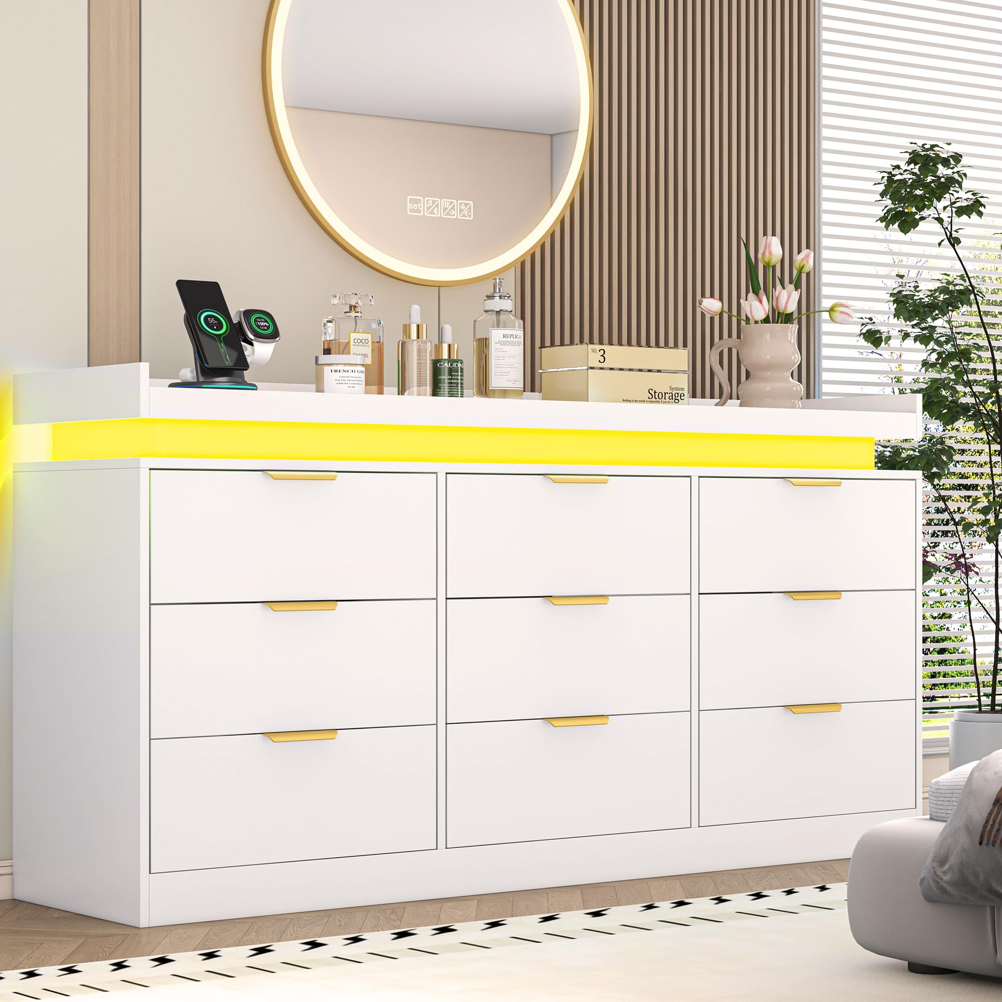 Photo 1 of 9 Drawer Dresser for Bedroom, White Dresser with LED Lights and Charging Station, Modern Chest of Drawer, Wood Triple Wide Drawer Organizer Cabinet for Bedroom, Living Room, Entryway, Hallway