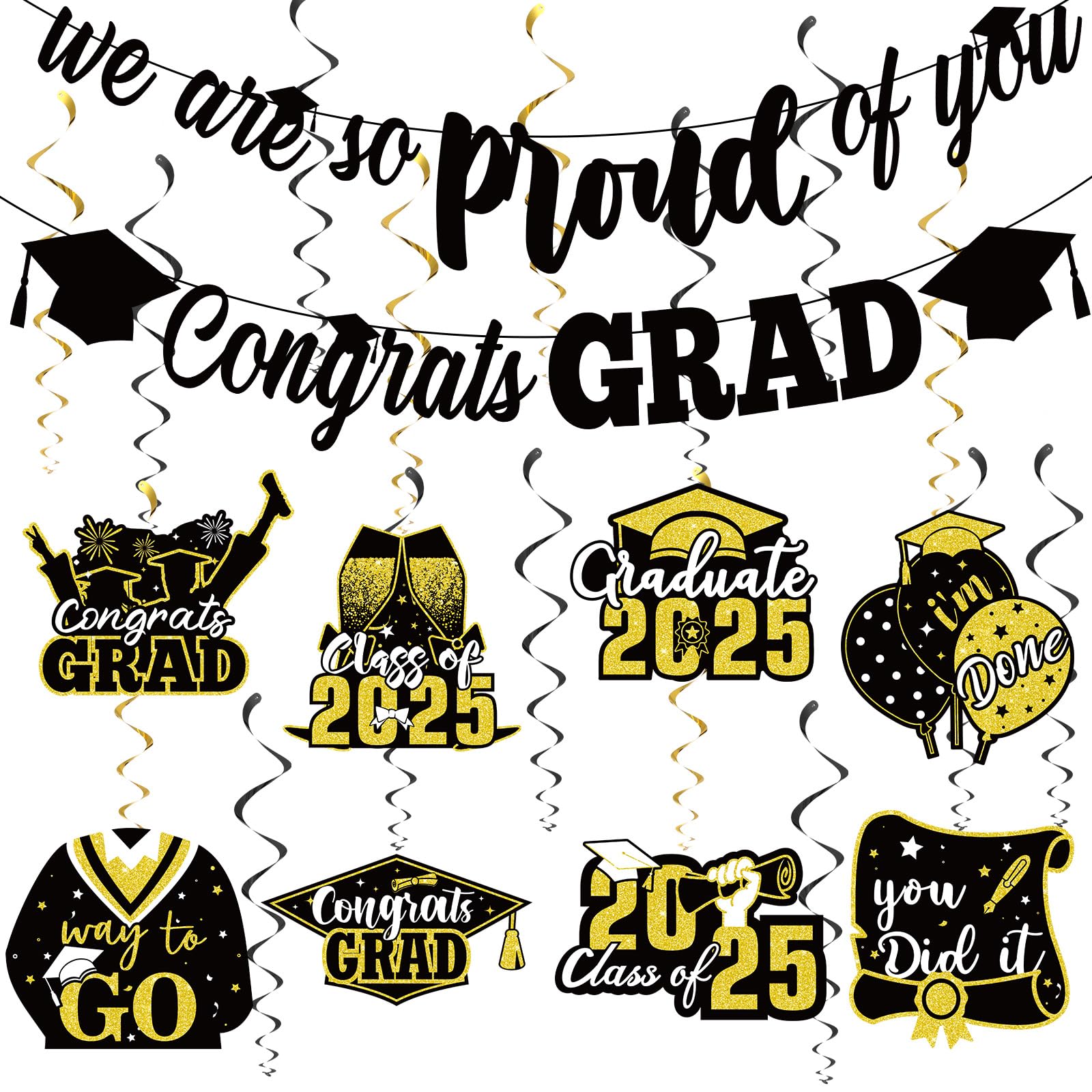 Photo 1 of **2 pack**Pasimy 2025 Black and Gold Graduation Decorations We Are So Proud of You Banner Congrats Grad Swirls Hanging Glitter Garland for Class of 2025 School College Graduation Party Supplies Decor