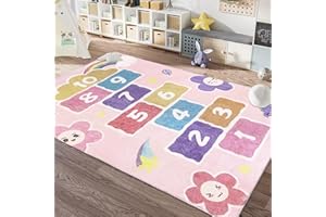 USTIDE Pink Hopscotch Number Counting Activity Educational Learning Area Rug Soft Floor Carpet for Bedroom Playroom Nursery Children Crawling Rectangle Play Mat,5x7ft