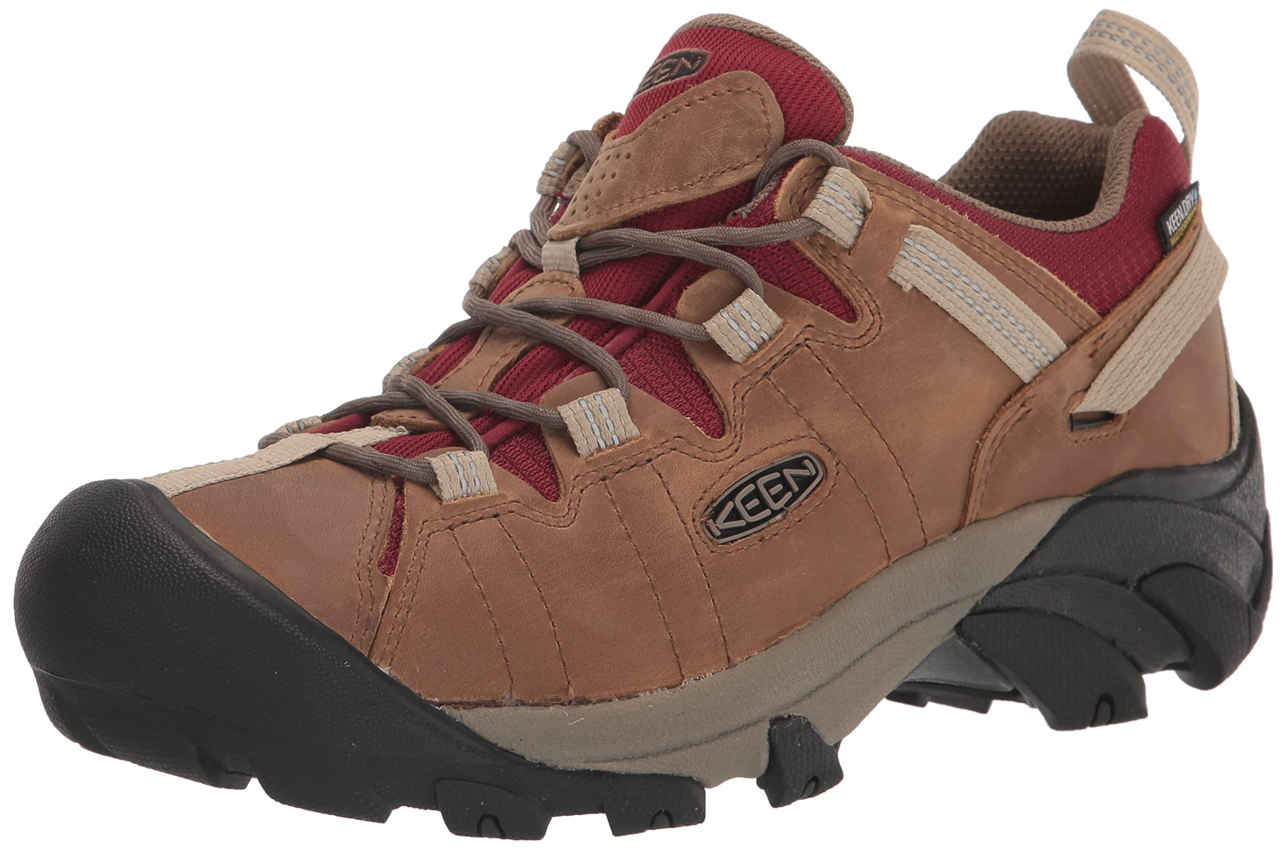 KEEN Women’s Targhee 2 Low Height Waterproof Hiking Shoes, Safari/Merlot, 6.5