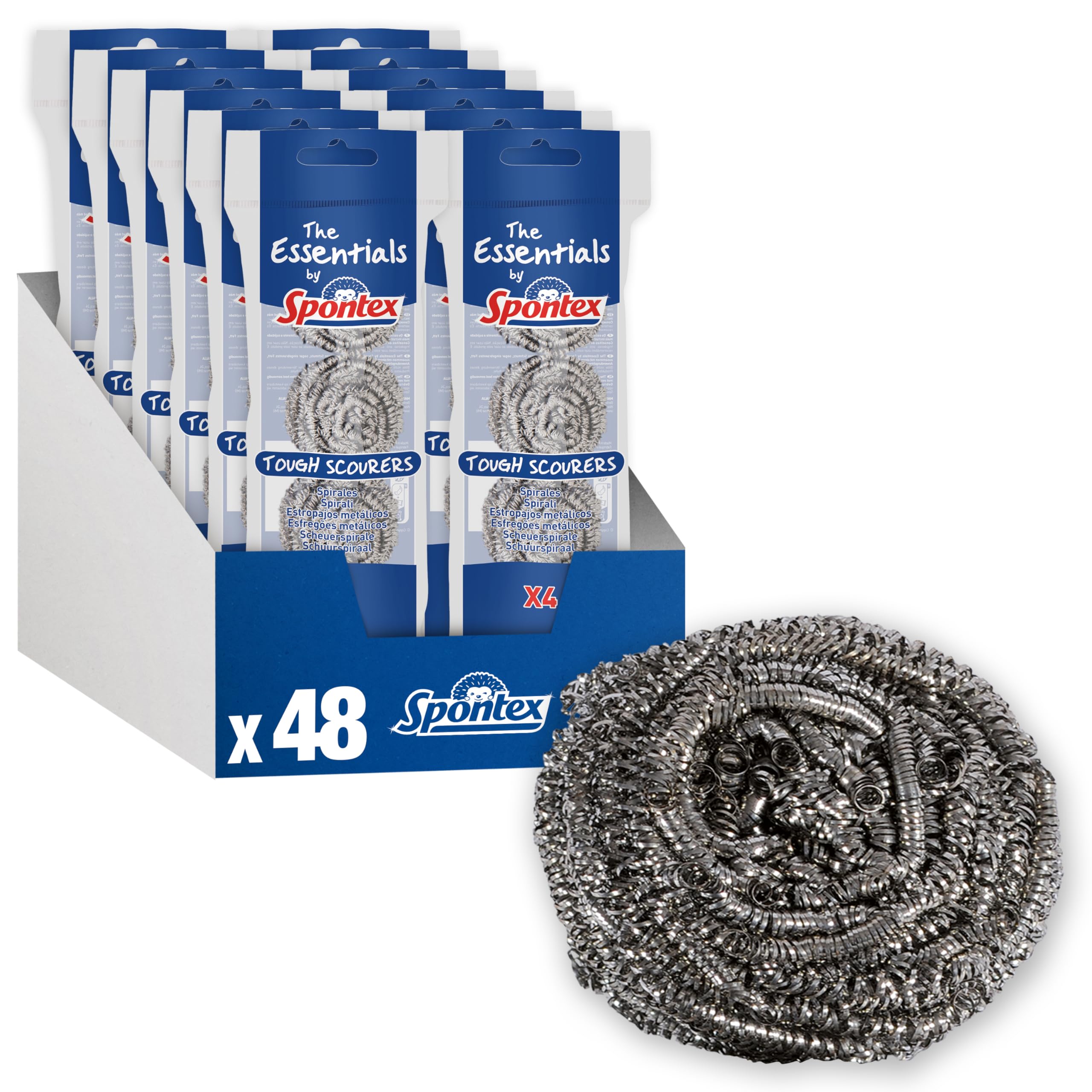 Spontex The Essentials Tough Metal Scourers | Stainless Steel Scouring Sponges | Heavy Duty for Easy Washing Up, Grease Removal and Dish Scrubbing | 12 x 4 Pack (48 Total)