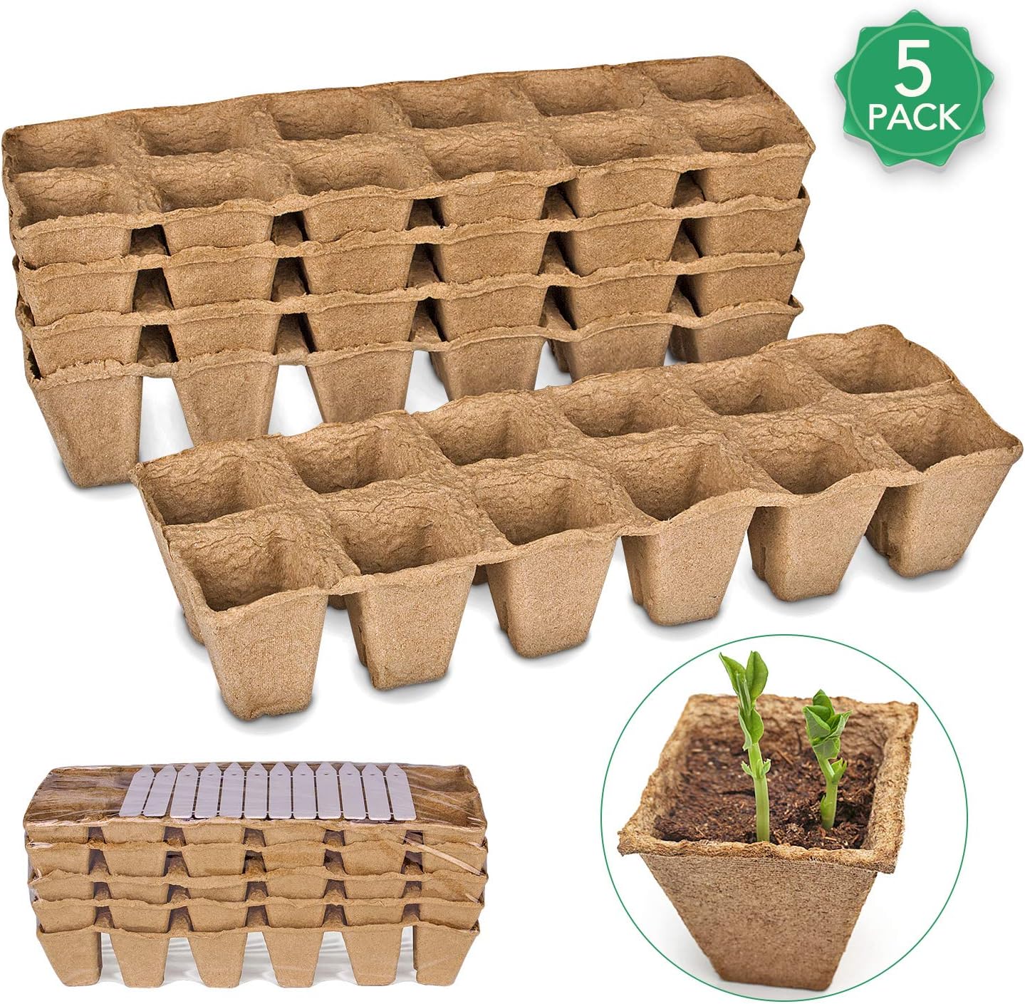 Seed Starter Peat Pots Kit for Garden Seedling Tray ANGTUO 100% Eco-Friendly Organic Germination Seedling Trays Biodegradable 5 Pack - 60 Cells 12 Plastic Plant Markers Included