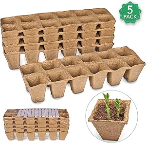 Seed Starter Peat Pots Kit for Garden Seedling Tray ANGTUO 100% Eco-Friendly Organic Germination Seedling Trays Biodegradable 5 Pack - 60 Cells 12 Plastic Plant Markers Included