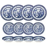 Churchill Blue Willow Dinner Plates, Salad Plates and Coupe Bowls 12 Piece Dinnerware Set, Made In England