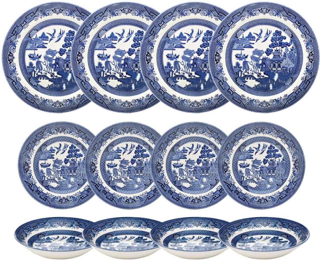 Churchill Blue Willow Dinner Plates, Salad Plates and Coupe Bowls 12 Piece Dinnerware Set, Made In England