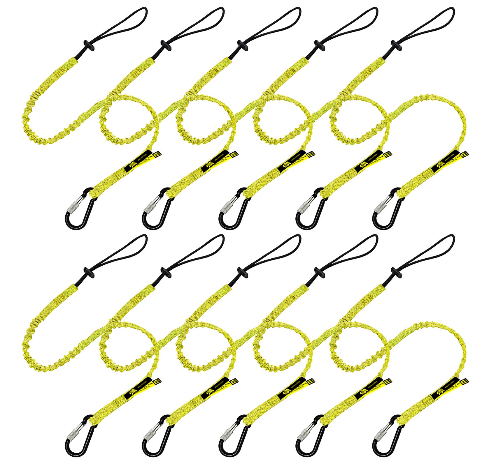 BearTOOLS Tool Lanyard with Buckle Strap - Clip Bungee Cord - Heavy Duty Screw Locking Carabiner - Fall Protection and Safety - Adjustable Loop End - Tough Tether - Construction - 10PK (Yellow 0929YS)