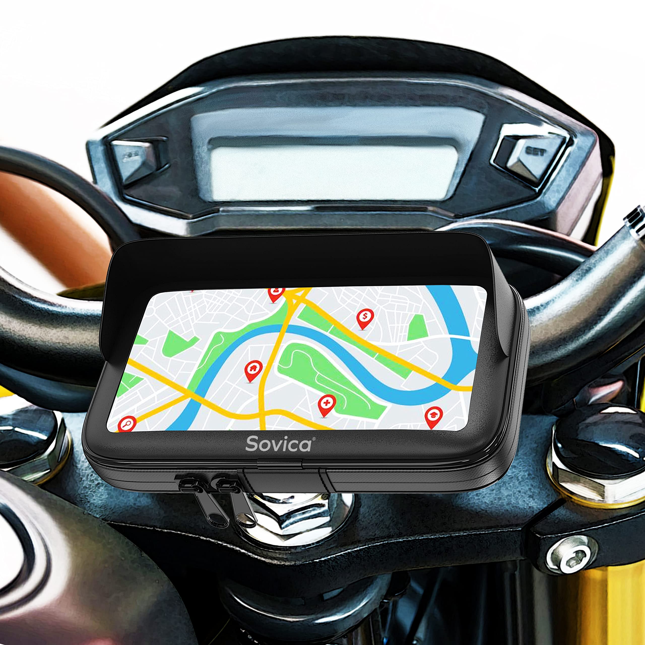 Sovica Mobile Phone Holder Waterproof Case with Visor Suitable for Smartphones up to 7.5 Inches Compatible with All Types of Handlebars